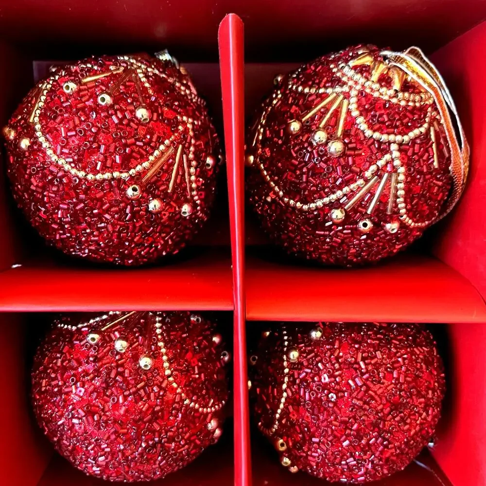Bella Lux Red Gold Beaded Christmas Ornaments 2.5in Set of 6 Holiday Glam NEW